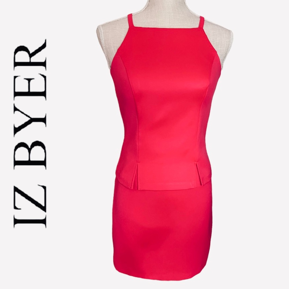 IZ BYER Vintage 90s Red Sleeveless Two Piece Top and Mini Skirt Suit Set 3